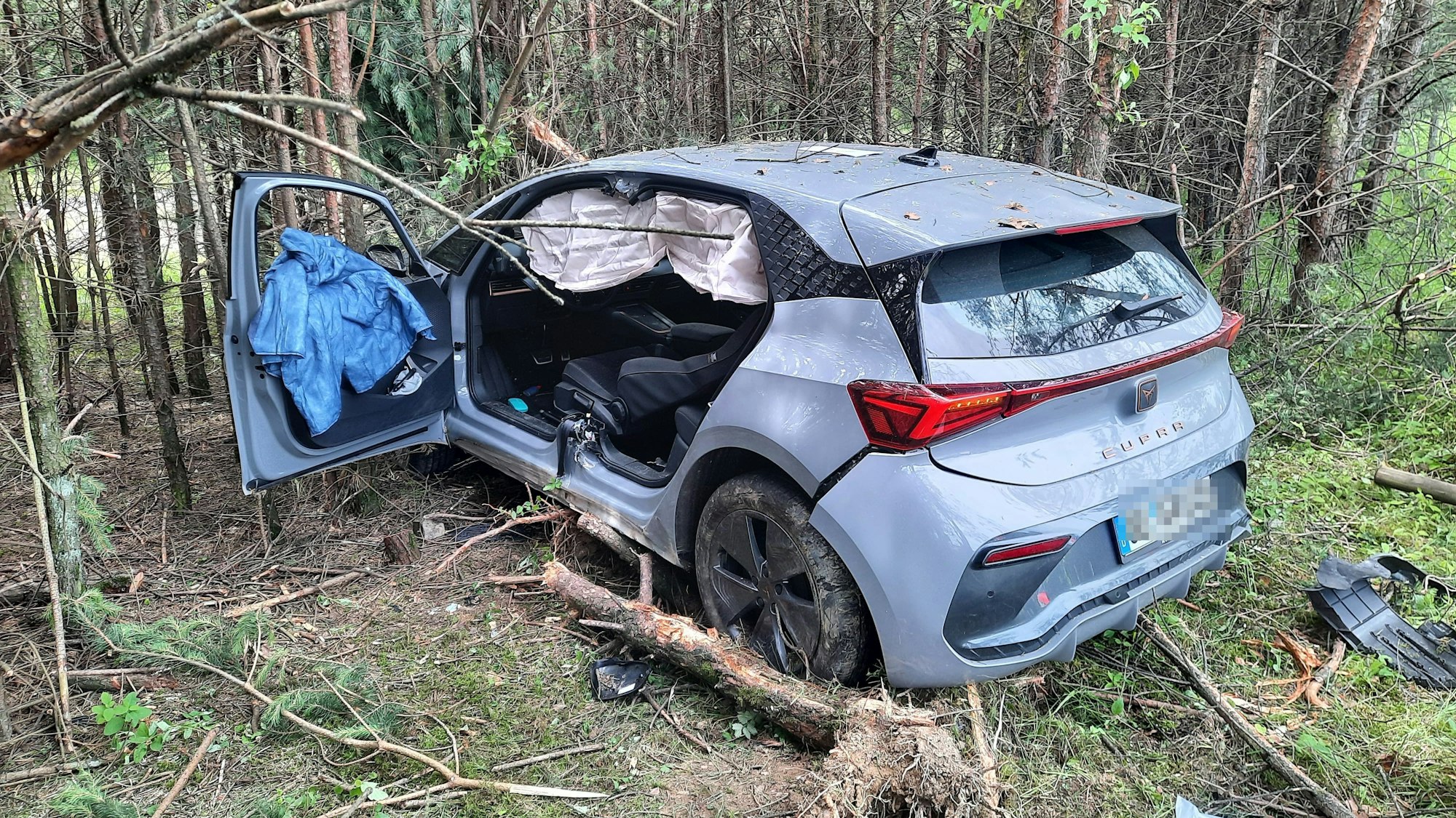 Ein Pkw steht an einer Baumgruppe, die Fahrertür ist geöffnet, die hintere Tür fehlt.