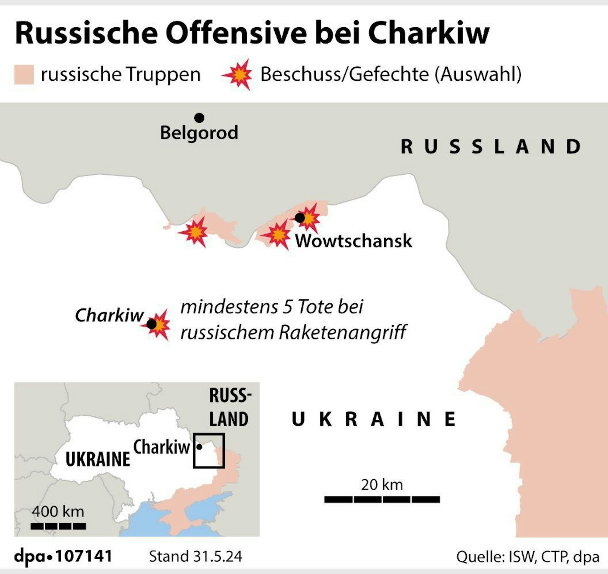 Die Grafik zeigt die Nähe der Städte Charkiw und Wowtschansk auf ukrainischer Seite und Belgorod auf russischer Seite.