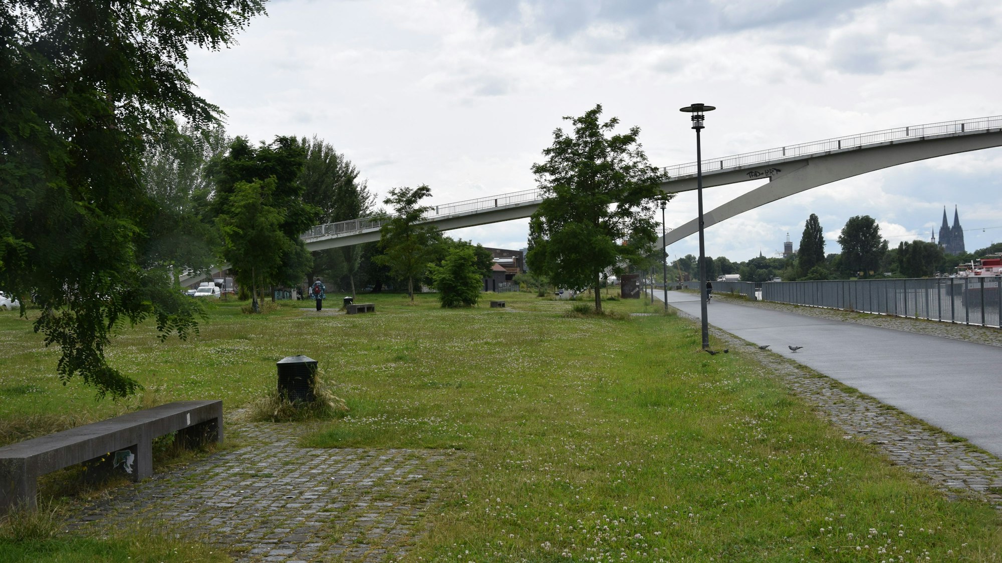 Die Katzenbuckelbrücke verbindet das Mülheimer Ufer mit der nordöstlichen Spitze des Jugendparks auf der ‚Katzenkopf‘ genannten Mülheimer Rheinhalbinsel.