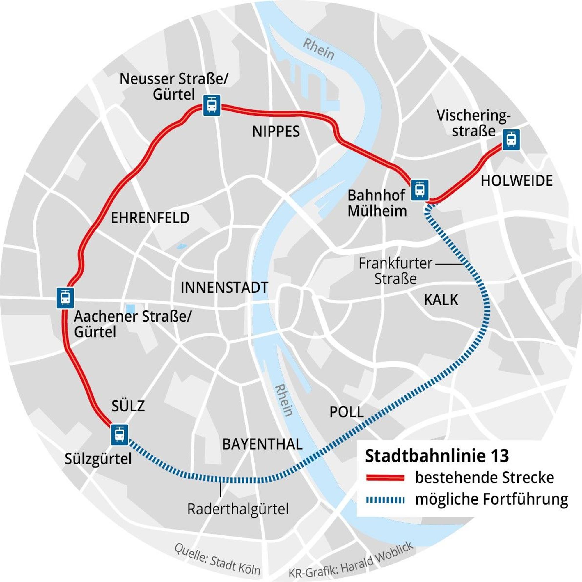 Die Grafik zeigt die Strecke, wenn die Straßenbahnlinie 13 eine Ringbahn wäre