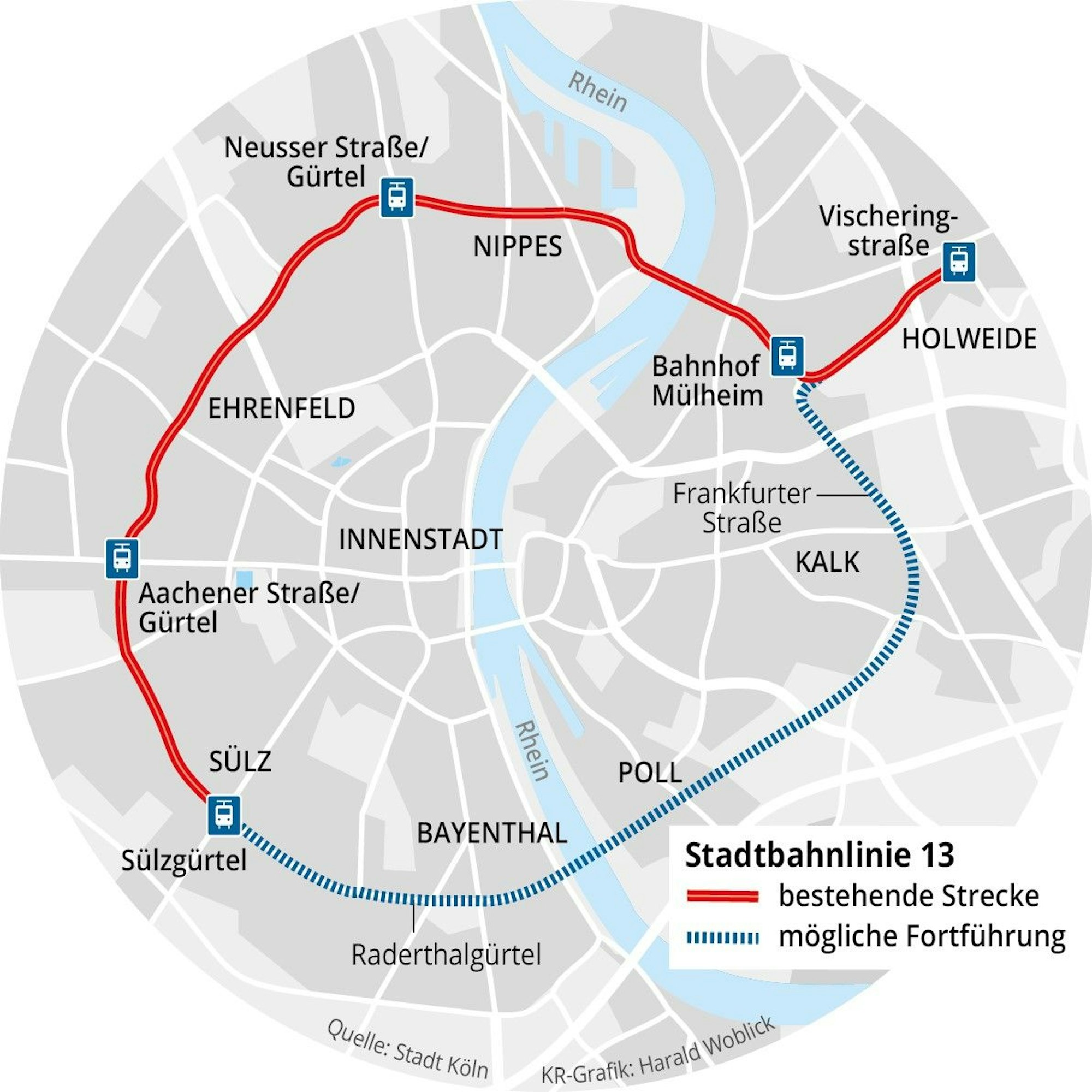 Die Grafik zeigt die Strecke, wenn die Straßenbahnlinie 13 eine Ringbahn wäre