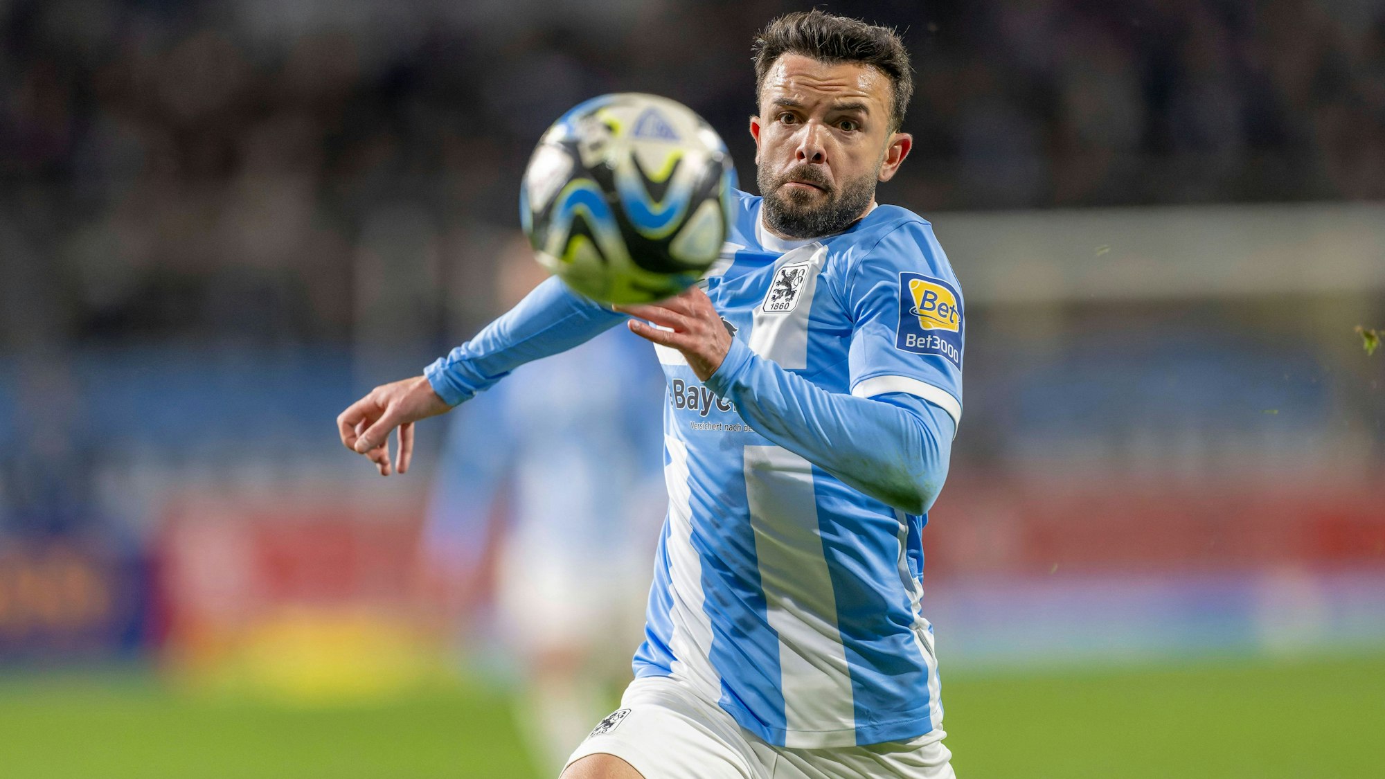 11.02.2024, Fussball 3. Liga 2023/2024, 25.Spieltag, TSV 1860 München - FC Ingolstadt 04, im Stadion an der Grünwalder Strasse München, Albion Vrenezi TSV 1860 München am Ball ***DFL and DFB regulations prohibit any use of photographs as image sequences and/or quasi-video.*** *** 11 02 2024, Soccer 3 Liga 2023 2024, 25 Matchday, TSV 1860 München FC Ingolstadt 04, at Stadion an der Grünwalder Strasse Munich, Albion Vrenezi TSV 1860 München on the ball DFL and DFB regulations prohibit any use of photographs as image sequences and or quasi video