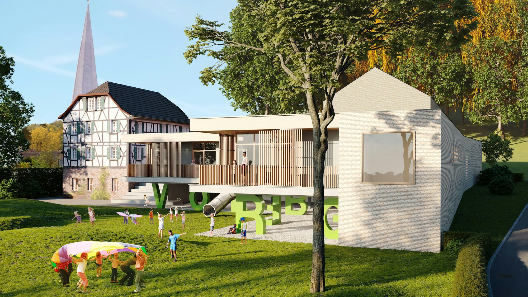 Die Planung der Kita Volberg sieht ein längliches graues Gebäude mit Holzstreben vor.