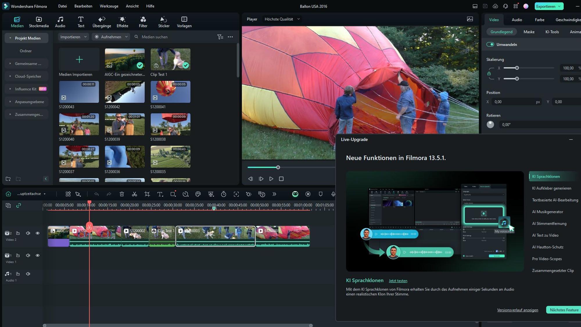 Screenshot des Videobearbeitungsprogramms Filmora, im bearbeiteten Video ist ein Ballon zu sehen