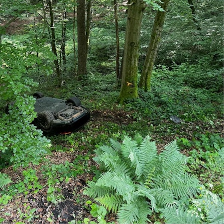 Ein schwarzer Porsche liegt auf dem Dach im Wald.