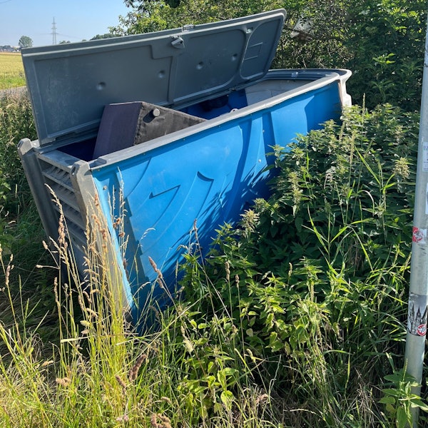 Ein blaues Toilettenhäuschen liegt in einem Gebüsch voller Brennnesseln, aus der Tür ragt ein Sofa hervor.