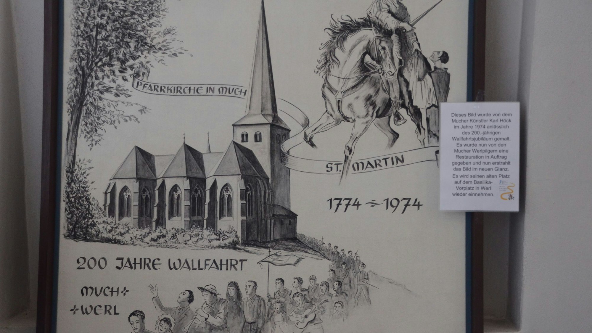 EIn Bild in Schwarz und Weiß. Es zeigt eine Kirche und eine Gruppe Pilger, rechts oben den Heiligen Martin. 200 Jahre Wallfahrt Much - Werl steht auf dem Bild.