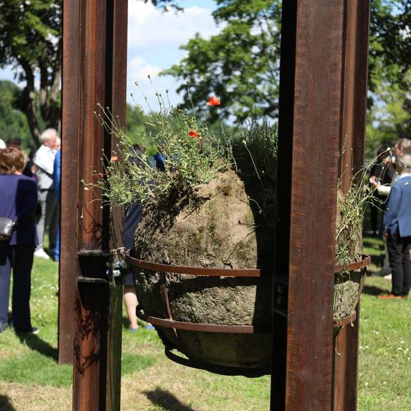 In einem Metallkorb, der an Stahlstelen befestigt ist, liegt ein großer Lehmball. Aus ihm sprießen Mohnblumen.