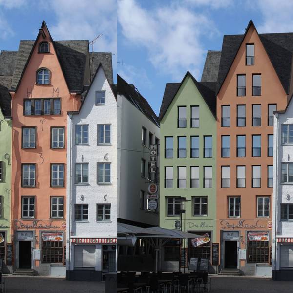 Die Giebelhäuser am Fischmarkt 1-3. Links im Zustand vor dem Teilabbruch, rechts ein möglicher Wiederaufbau unter Verzicht auf die historischen Sprossenfenster.