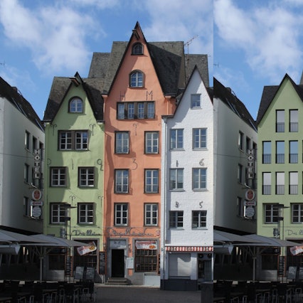 Die Giebelhäuser am Fischmarkt 1-3. Links im Zustand vor dem Teilabbruch, rechts ein möglicher Wiederaufbau unter Verzicht auf die historischen Sprossenfenster.