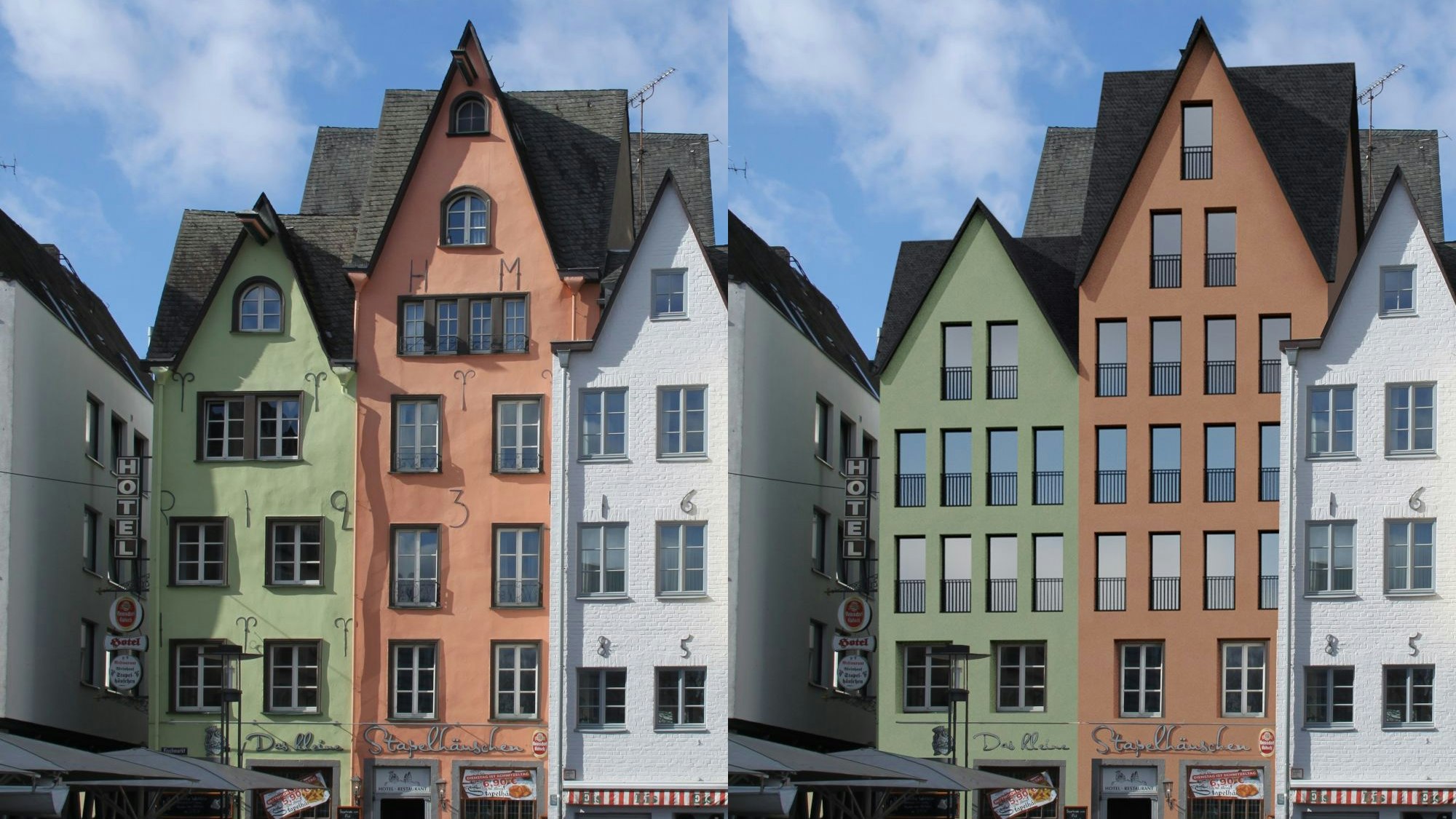 Die Giebelhäuser am Fischmarkt 1-3. Links im Zustand vor dem Teilabbruch, rechts ein möglicher Wiederaufbau unter Verzicht auf die historischen Sprossenfenster.