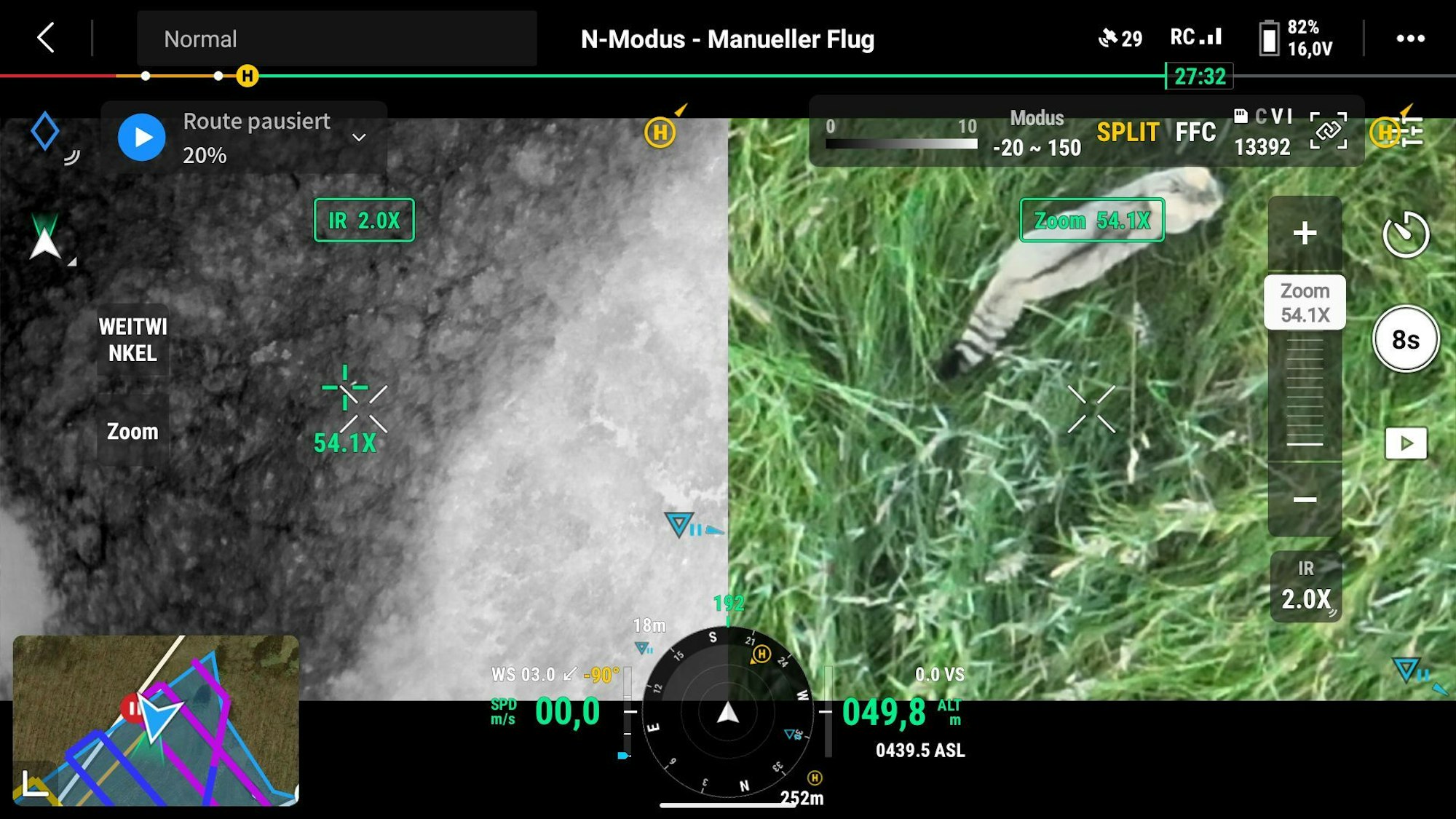 Auf dem Screenshot ist neben technischen Details zu sehen, wie eine Wildkatze durchs Gras streift.