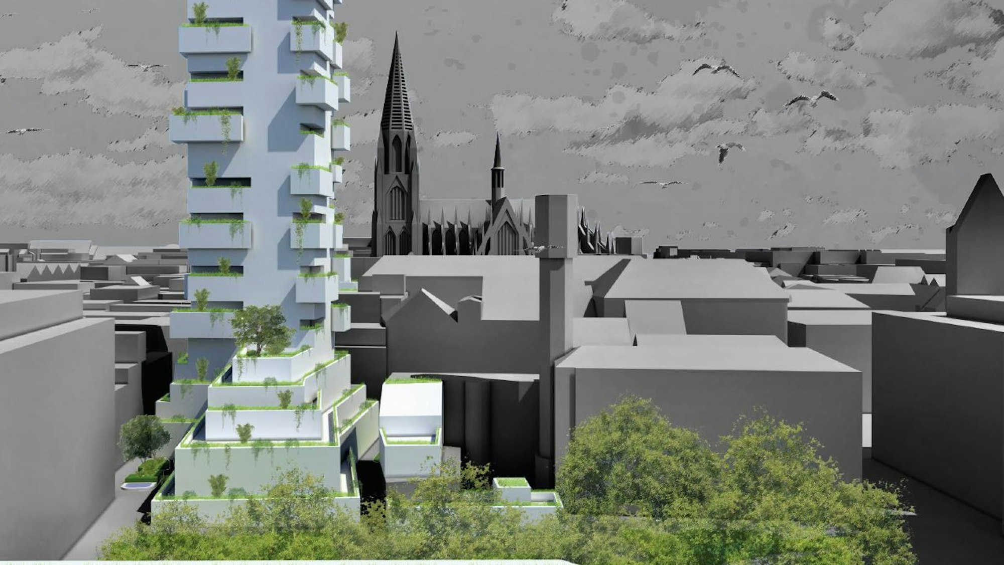 Der Entwurf von Simon Barsuhn sieht unter anderem ein neues Hochhaus in der Altstadt vor.