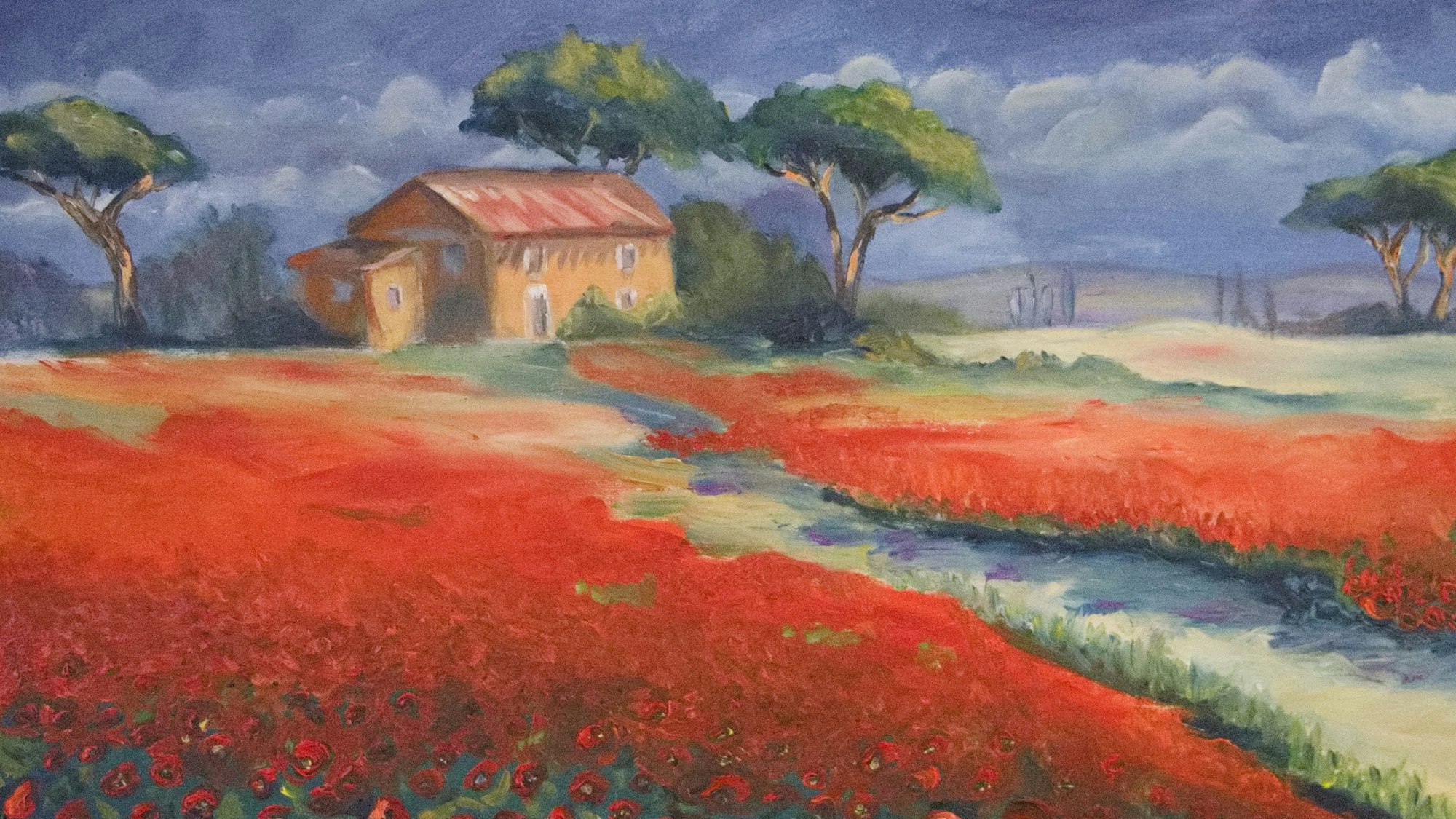 Das Foto zeigt ein Gemälde der Künstlerin Anja Weitz, auf dem ein Feld mit Mohnblumen und einem Haus zu sehen sind.