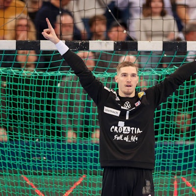 Zu sehen ist ein Handball-Torhüter der im Tor steht.