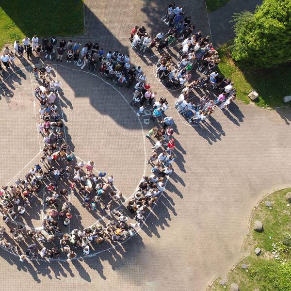 Die Luftaufnahme zeigt Schüler des Johannes-Sturmius-Gymnasiums, die sich zu einem Peace-Zeichen formiert haben.