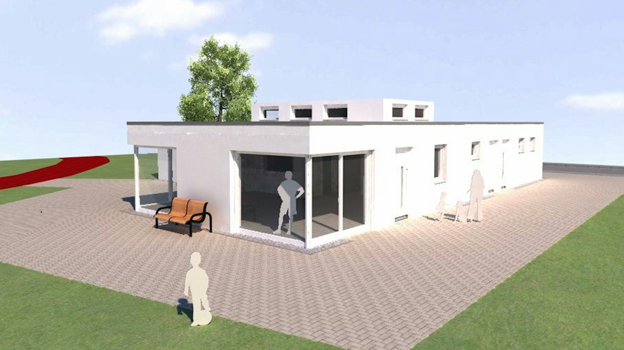 Der Entwurf für das neue Sportheim zeigt einen weißen Flachbau mit bis zum Boden reichenden Fenstern.