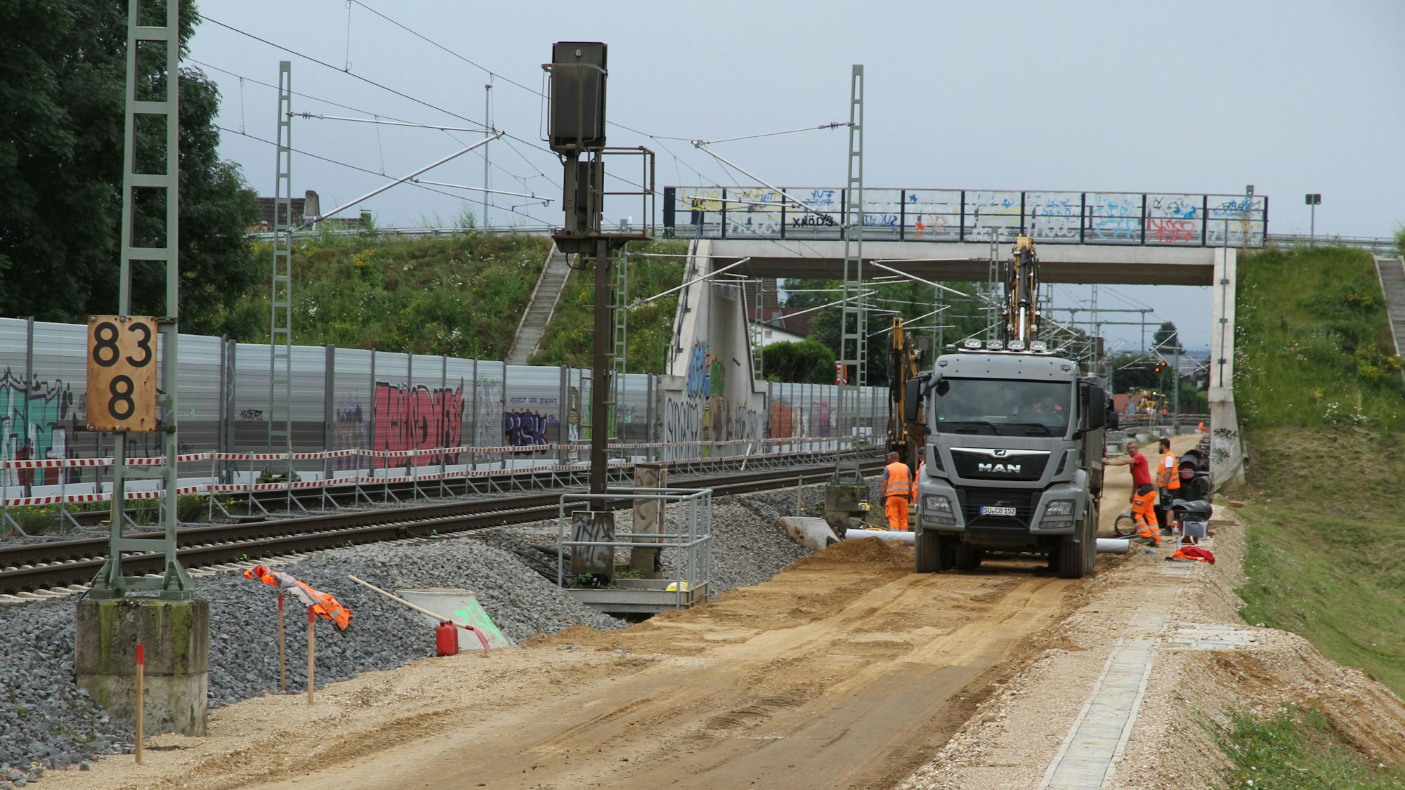 Eine Eisenbahnbaustelle; links ist eine bestehende Schienentrasse zu sehen, auf der rechten Seite die Vorbereitung für das neue Gleisbett.