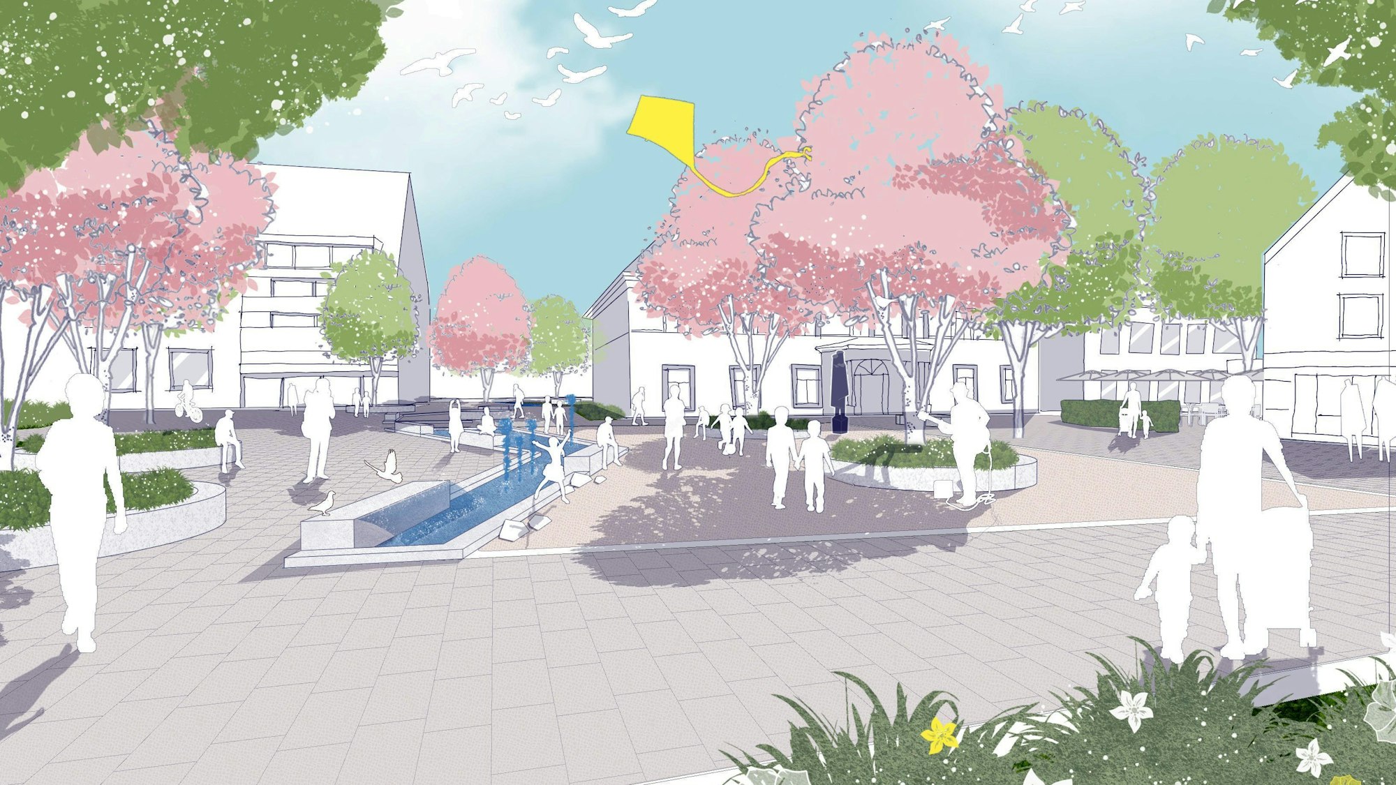 Die Grafik zeigt den umgestalteten Heier Platz mit einer Wasserlandschaft und vielen Bäumen - so könnte der Platz künftig aussehen.
