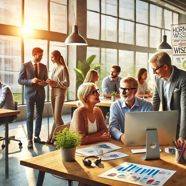 Das künstlich hergestellte Bild zeigt ein modernes Büro, lichtdurchflutet, mit großen Fenstern, Laptops auf den Tischen und Menschen unterschiedlichen Alters, die konzentriert und glücklich blickend zudammenarbeiten.