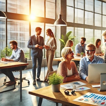 Das künstlich hergestellte Bild zeigt ein modernes Büro, lichtdurchflutet, mit großen Fenstern, Laptops auf den Tischen und Menschen unterschiedlichen Alters, die konzentriert und glücklich blickend zudammenarbeiten.