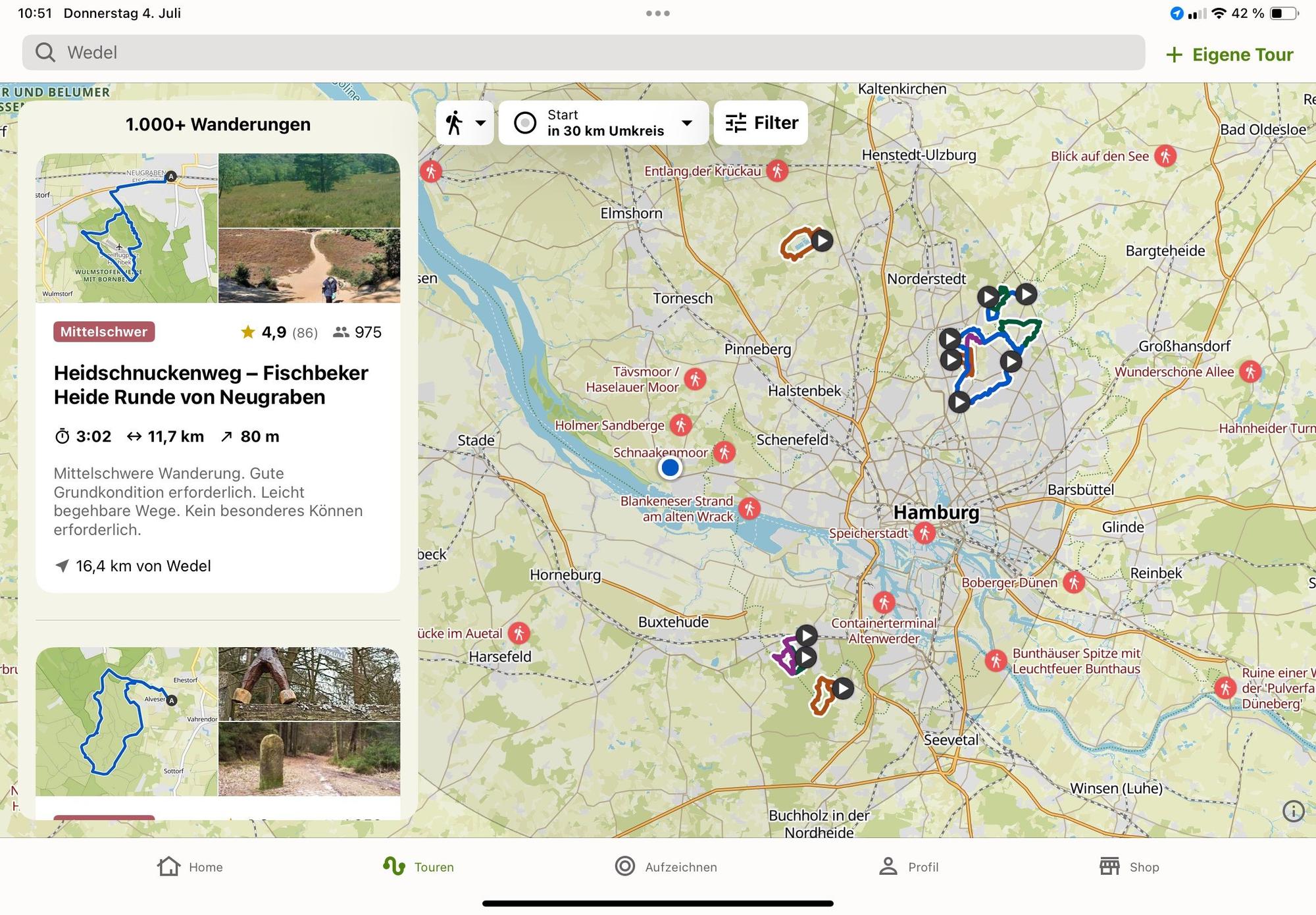 Screenshot einer Wanderung im Norden Hamburgs