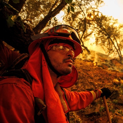02.07.2024, USA, Oroville: Ein Feuerwehrmann gräbt eine Feuerschneise, während das Thompson-Feuer brennt. Foto: Ethan Swope/AP/dpa +++ dpa-Bildfunk +++