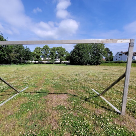 Ein Fußballtor ohne Netz steht auf einem von kleinwüchsigen Pflanzen überdeckten Aschenplatz. Im Hintergrund sind Häuser zu sehen.