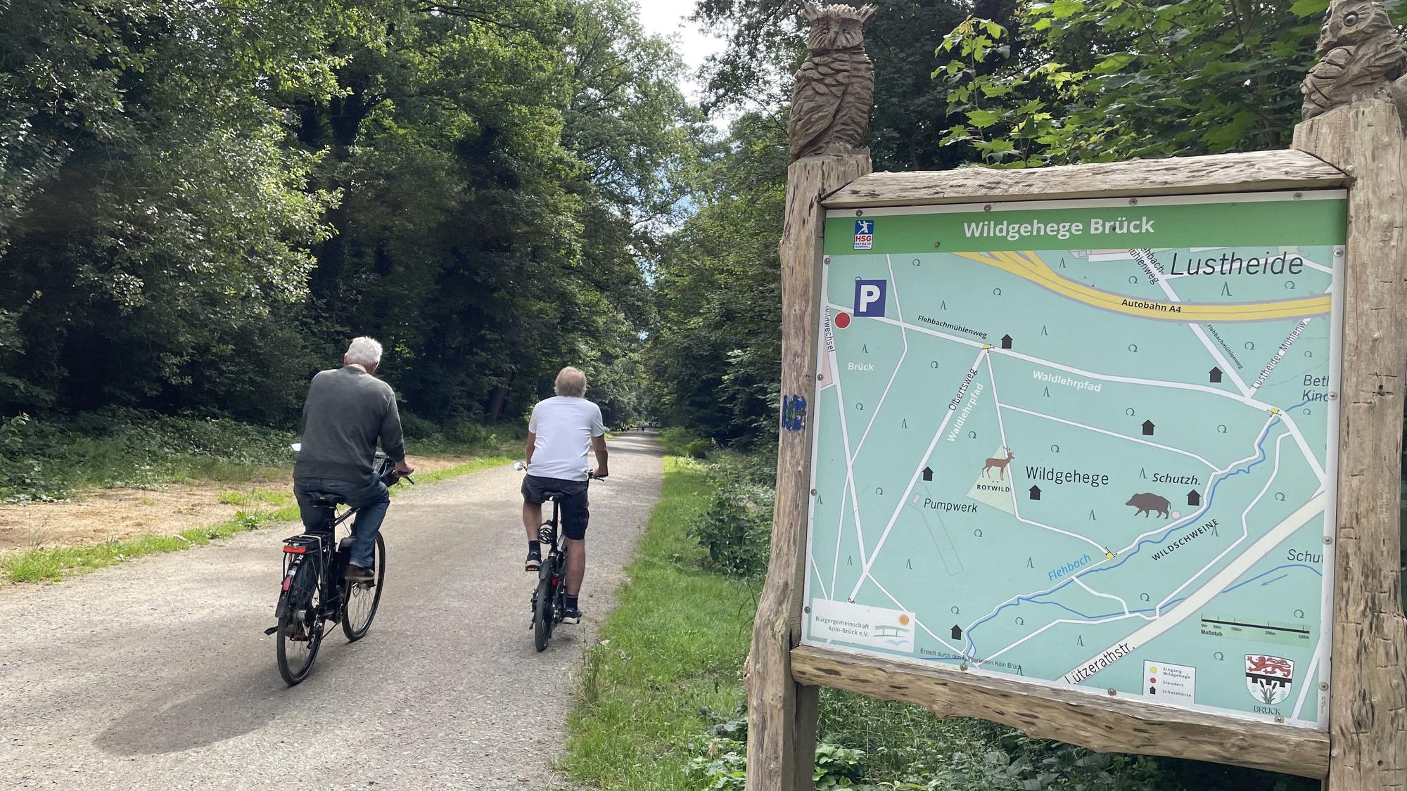 Zwei Radfahrer auf dem Weg zum Wildgehege Brück. Das liegt auf der Fahrradtour durch den Königsforst.