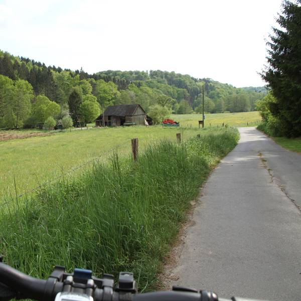 Ein Radler auf einem asphaltierten Weg in der Landschaft