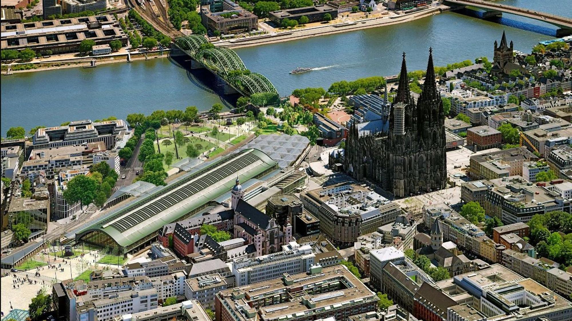Die Visualisierung zeigt die Idee einer grünen Highline auf der Hohenzollernbrücke und dem Hauptbahnhof als Veranstaltungszentrum
