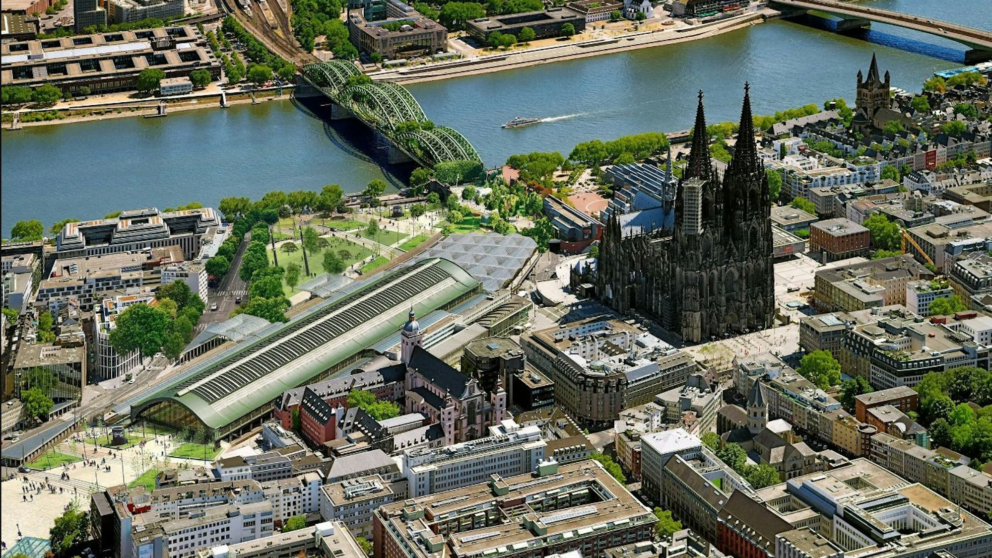 Die Visualisierung zeigt die Idee einer grünen Highline auf der Hohenzollernbrücke und dem Hauptbahnhof als Veranstaltungszentrum