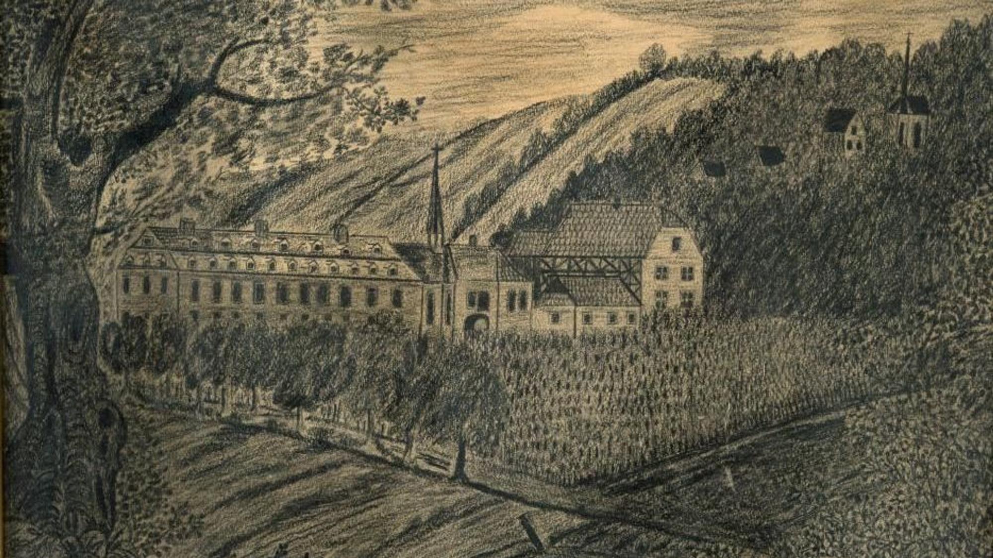 Der Tempelhof in Oedekoven um 1800. Im oberen Bildteil ist die Kapelle zu erkennen.