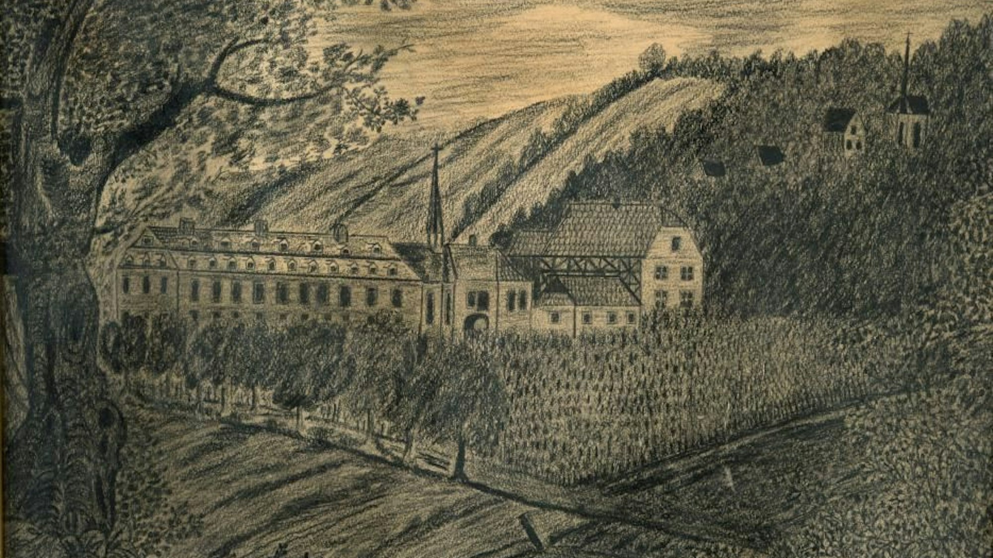 Der Tempelhof in Oedekoven um 1800. Im oberen Bildteil ist die Kapelle zu erkennen.