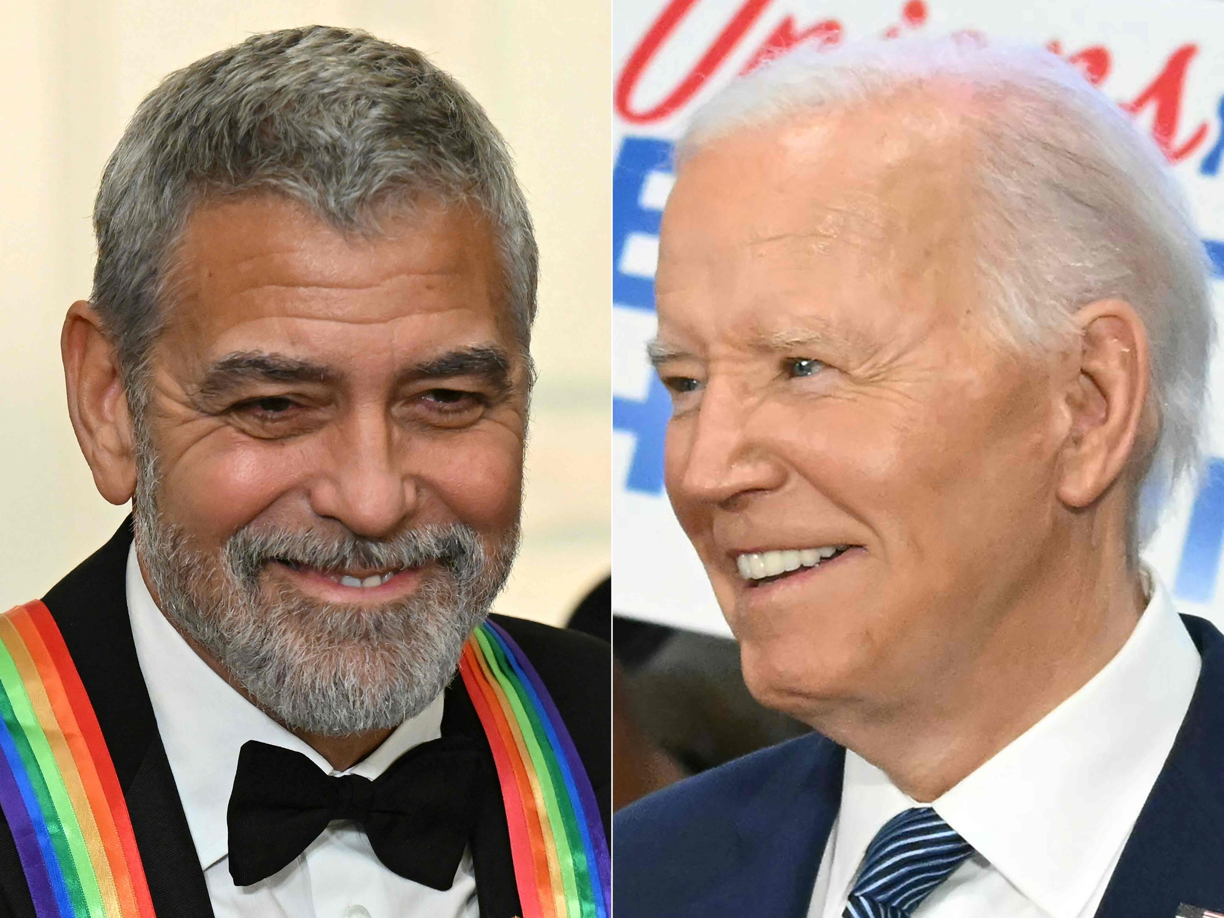 Collage aus Porträtfotos von George Clooney und Joe Biden.