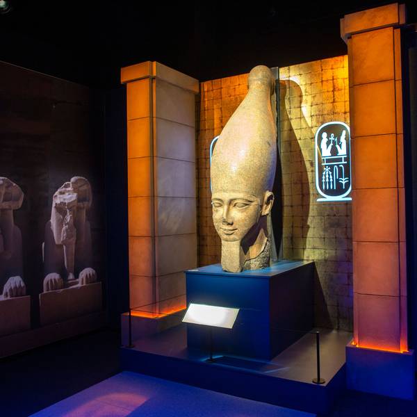 Die Ausstellung „Ramses und das Gold der Pharaonen“ ist ab dem 13. Juni 2024 in Köln zu sehen. Herzstück ist der echte Sarkophag von Ramses II. Alle Objekte stammen aus Museen und historischen Stätten in Ägypten. Im Bild: die Kolossalstatue von Ramses II.