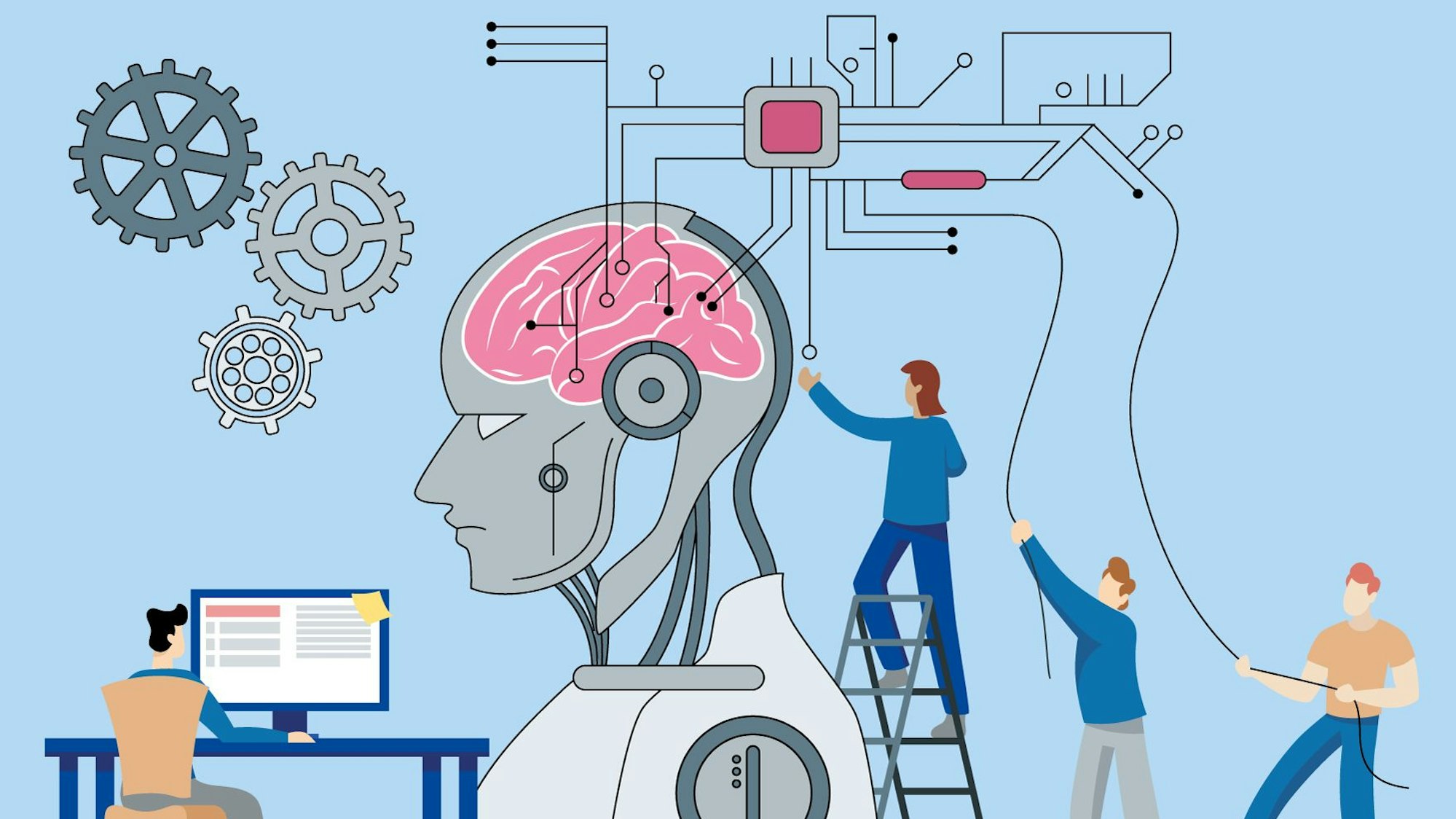 In einer Grafik füttern Menschen ein künstliches Gehirn mit Infos.