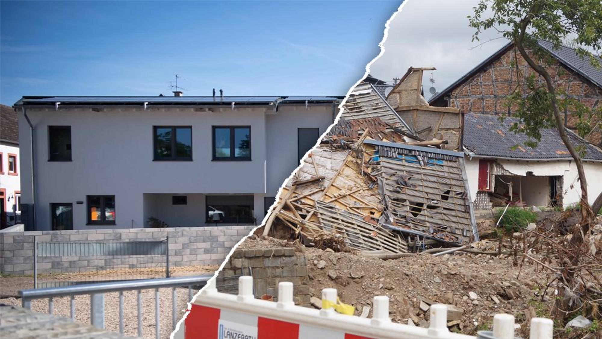 Durch eine schräge, weiße Linie abgetrennt sind zwei Bilder aus Bad Münstereifel-Iversheim. Links ist ein neues Haus zu sehen, rechts die gleiche Stelle nach der Flutkatastrophe 2021 mit einem zerstörten Haus.
