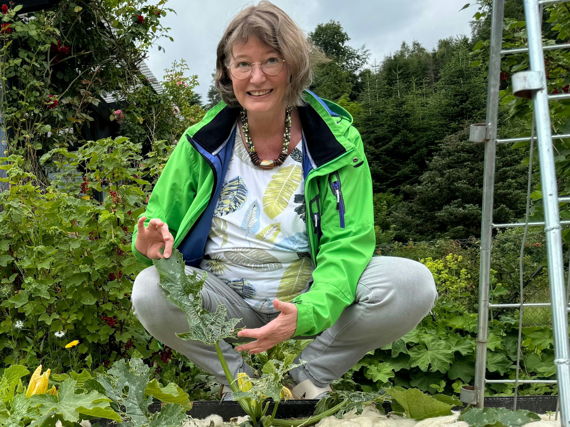 Delia Schiller aus Engelskirchen-Grünscheid zeigt die Reste einer Zucchini-Pflanze in ihrem Beet.
