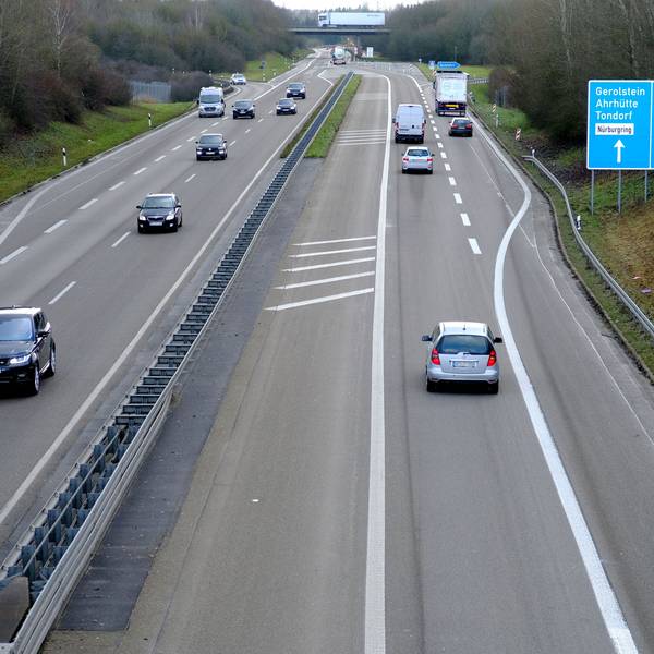 Autos fahren auf einer Autobahn. Am Rand stehen Bäume und Sträucher.