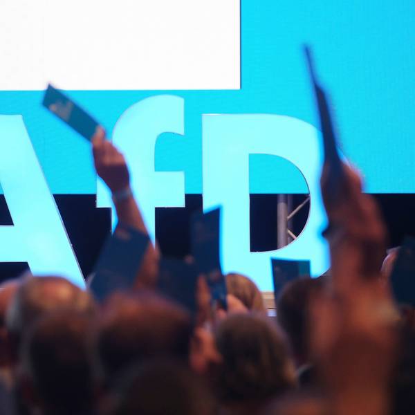 Delegierte halten beim Landesparteitag der sächsischen AfD Stimmkarten in die Höhe.