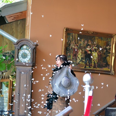 Eine Frau mit einem großen Hut in der Hand hält vor lauter Schreck auf einer Treppe inne. Dutzende weiße Falter umkreisen sie. Im Hintergrund eine Standuhr und ein Ölgemälde.