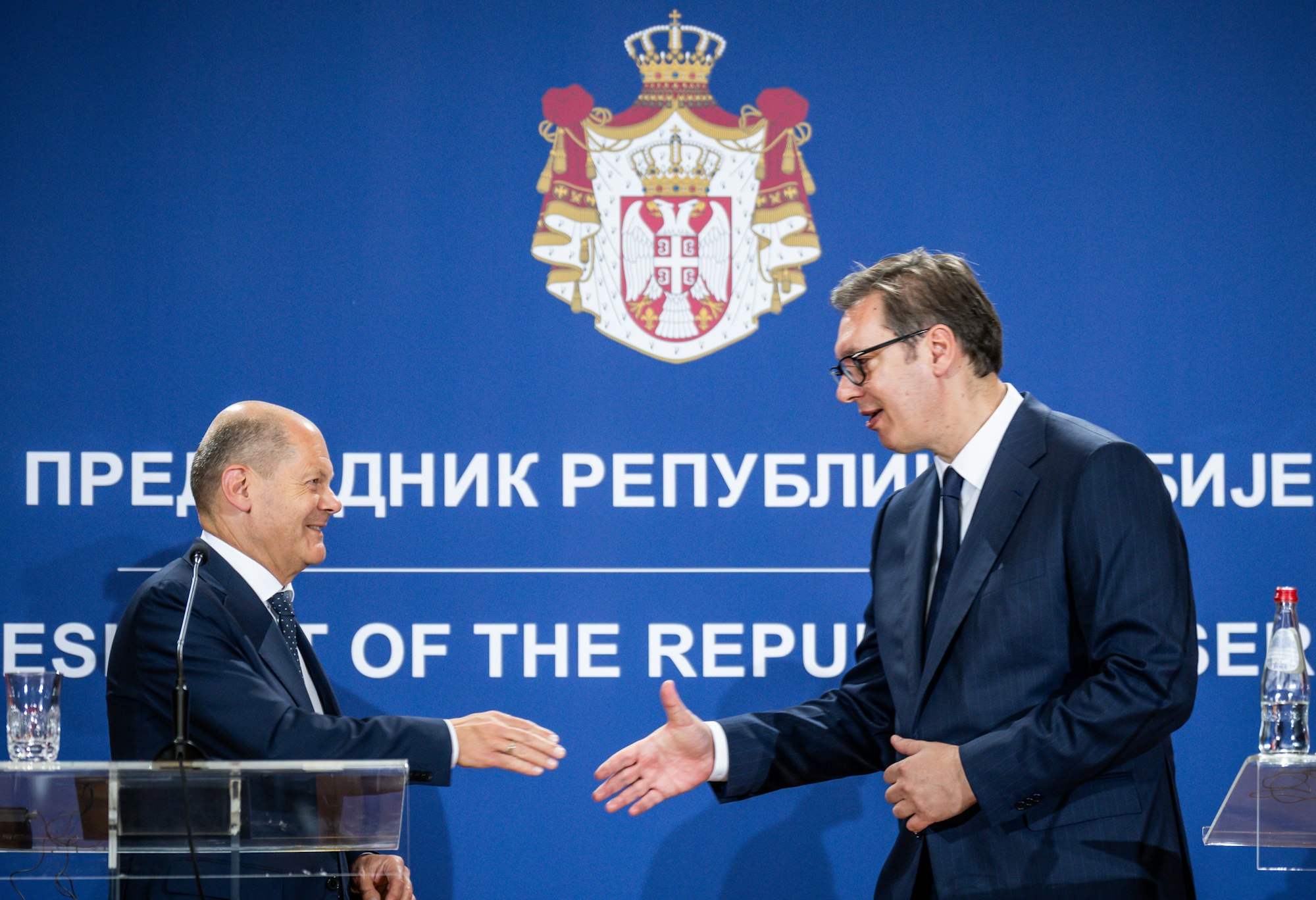Bundeskanzler Olaf Scholz (SPD) und Aleksander Vucic, Präsident von Serbien.