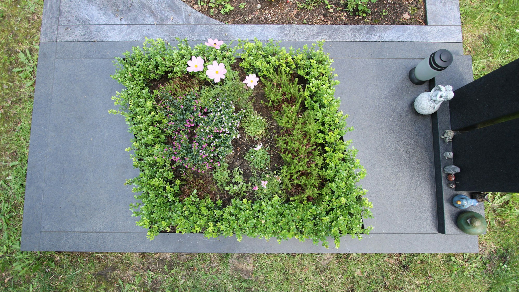 Ein Grab mit grauen Steinplatten und einem bepflanzten Ausschnitt