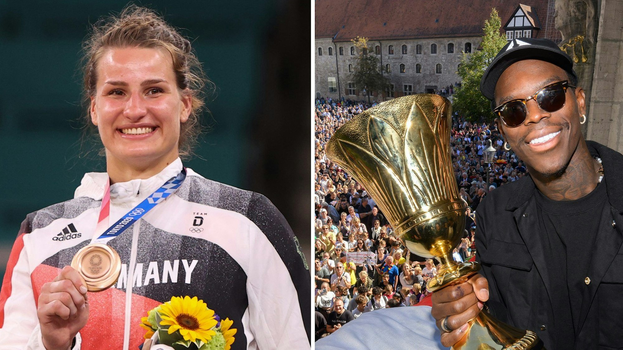 Die zweiteilige Bildkombo zeigt Judoka Anna-Maria Wagner (Foto vom 29.07.2021) mit ihrer Olympia-Bronzemedaille und Basketballer Dennis Schröder (Foto vom 15.09.2023) mit dem WM-Pokal.
