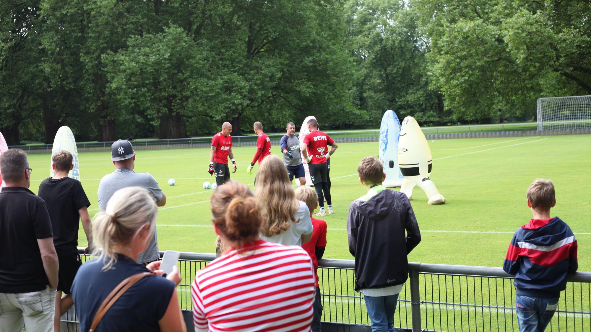 Menschen beobachten Profis vom 1. FC Köln beim Training.