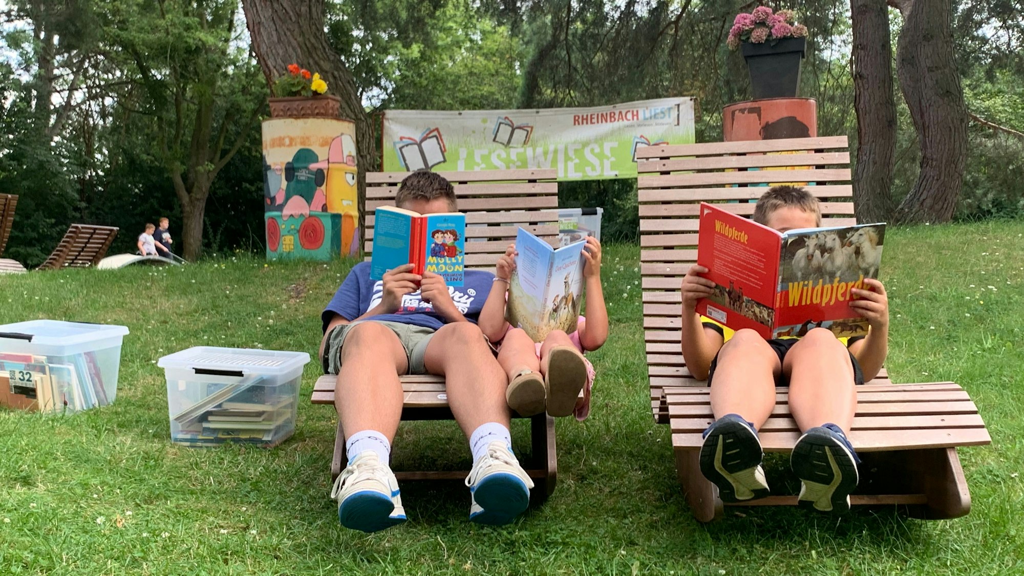 Kinder lesen im Rheinbacher Freizeitpark dort vorgehaltene Bücher.