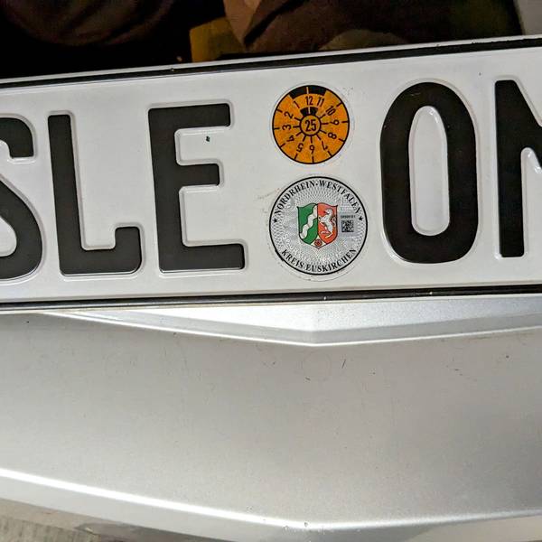 Ein Kennzeichen mit der Aufschrift „SLE“ liegt auf einem Auto.