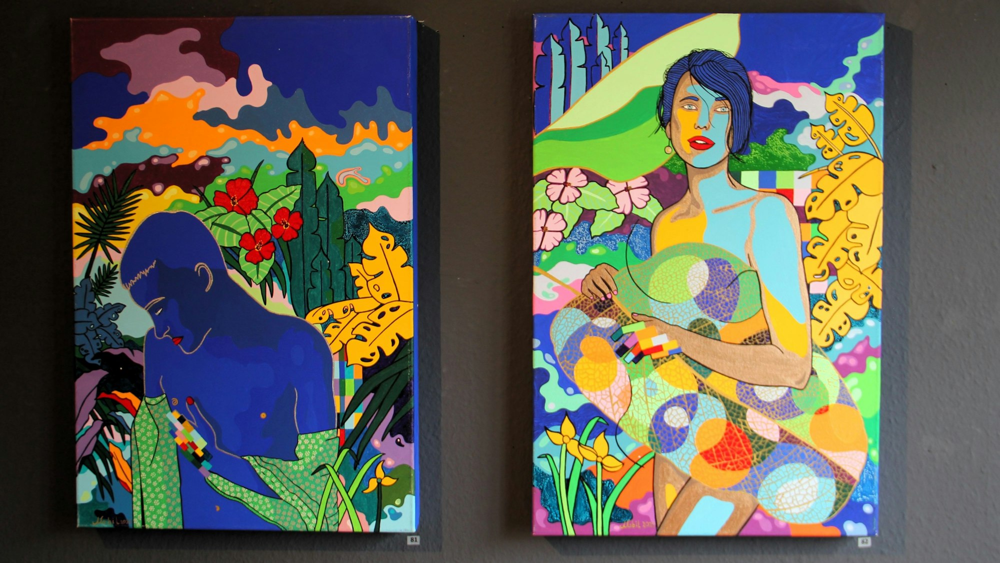 Nabil Gharsallahs Gouache-Arbeiten „Going Slow“ (l.) und „Holding a Leave“ lassen Mensch und Umwelt in einer scheinbar paradiesischen Umgebung langsam verpixeln und verdunkeln.