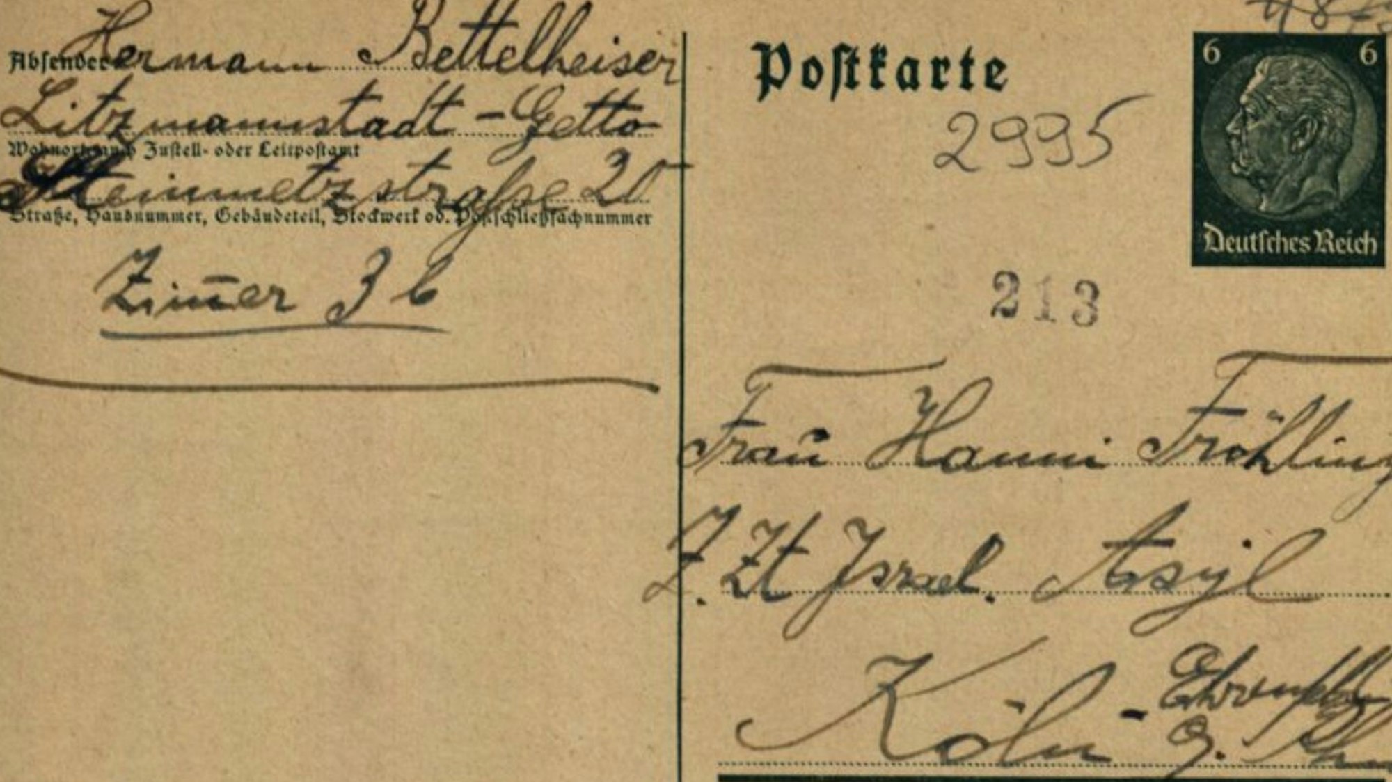 Diese Postkarte schrieb das Ehepaar Meta und Hermann Bettelheiser aus Waldbröl im Dezember 1941 aus dem Ghetto in Litzmannstadt (Lodz) an Nichte Hanni Fröhling in Köln.